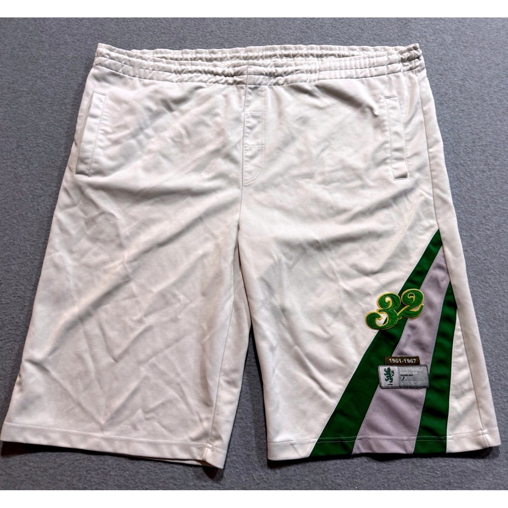 Victorious Mens 2XL White Basketball Shorts Green Silver Side Stripe Retro 32